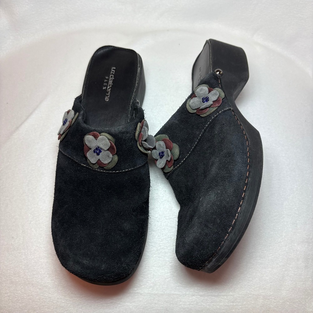 Y2k Liz Claiborne Flex Black Suede Floral Applique Clogs
